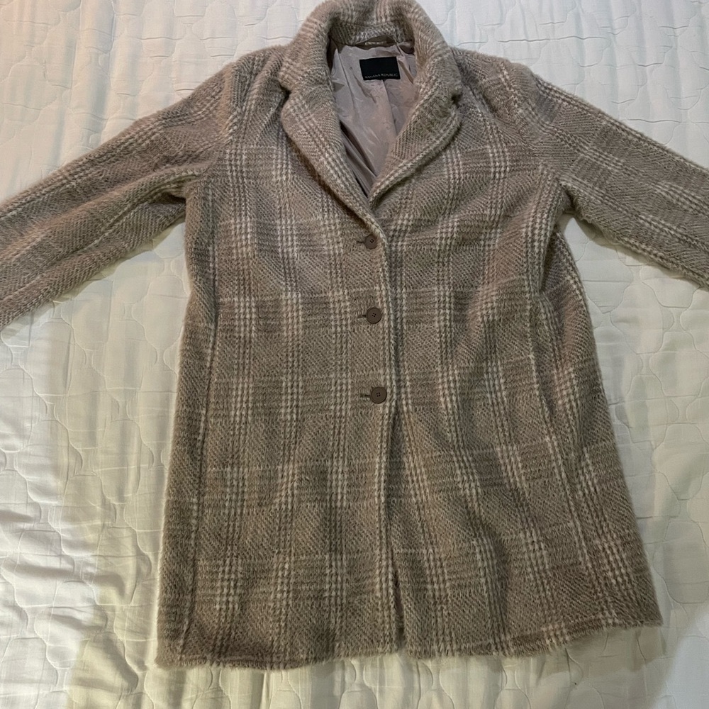 Banana Republic Plaid Faux Fur Peacoat - Beige